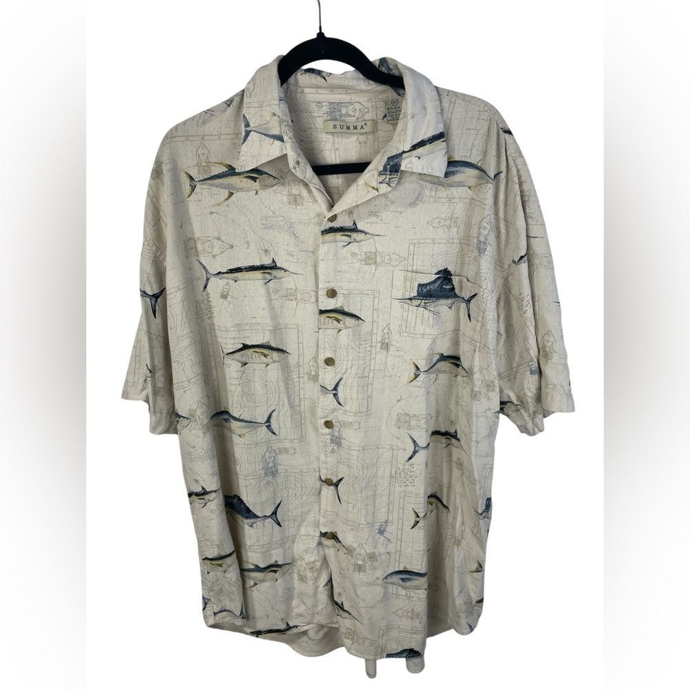 Summa Tan Button Front Fish Print Short Sleeve Collared Shirt XL Tall Men’s EUC
